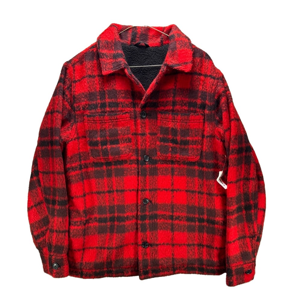 Old Navy Sherpa Jacket Mens Red Plaid Lined Button Up Heavyweight NWT $89